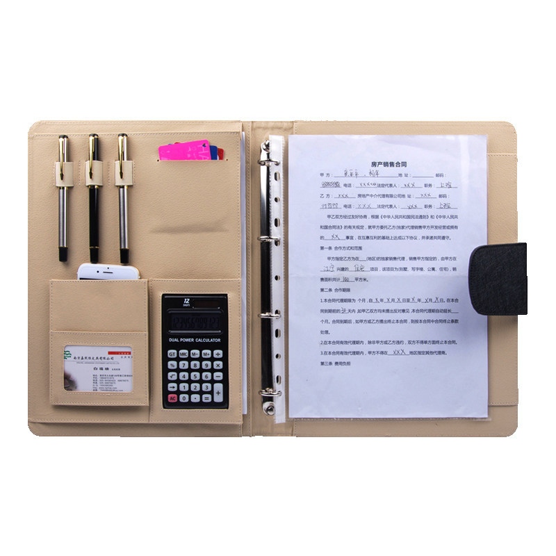 PU Læder A4 Ringbind Portfolio Mappe Med Lommeregner