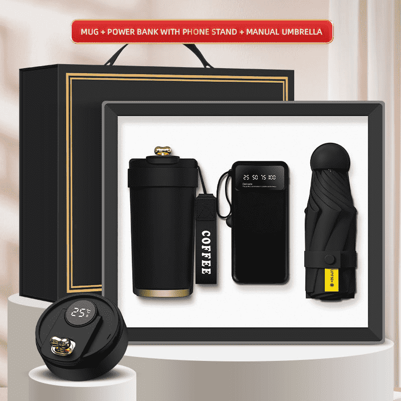 Custom logo 3-i-1 gaveæske krus Power Bank mini paraply