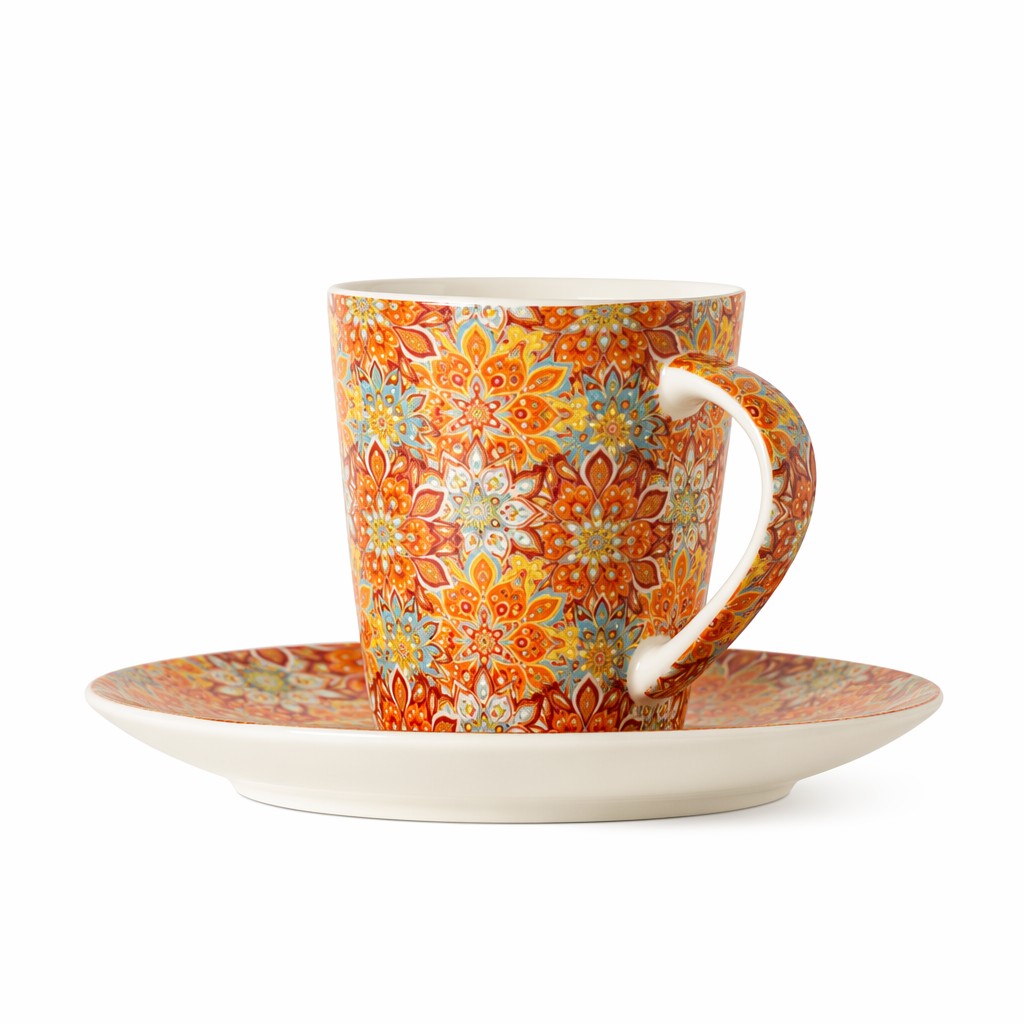 Blomsterkeramisk kaffekop med underkop